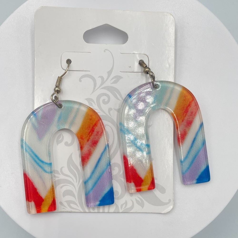 Vintage Y2K Rainbow Resin Arch Drop Earrings Colorful Abstract Shimmer Dangle